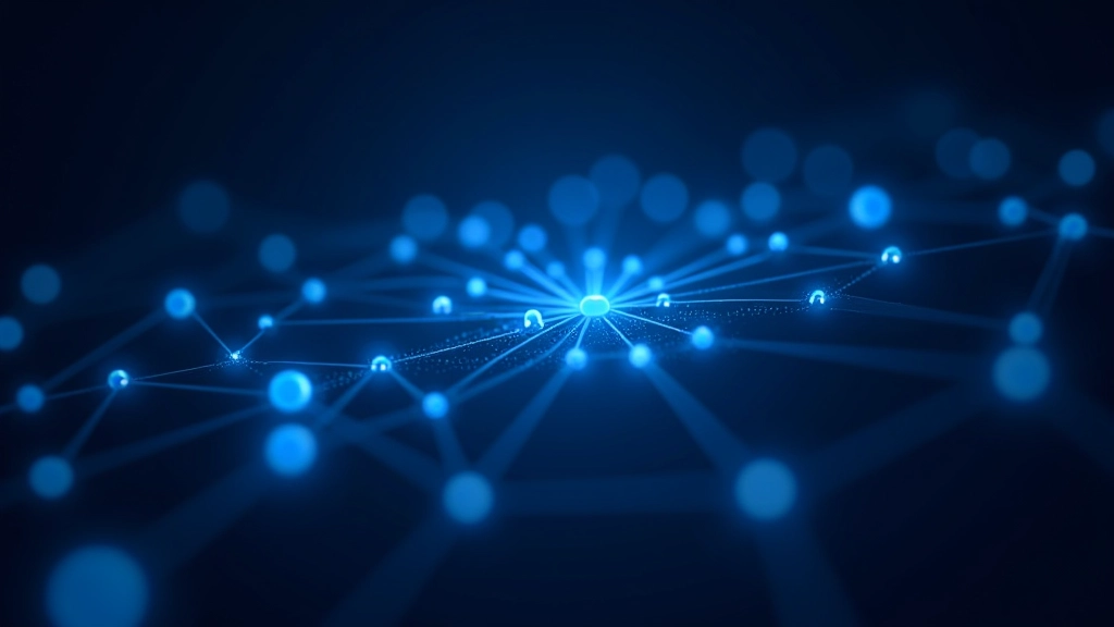 Blockchain network visualization with interconnected nodes, digital currency symbols, and technology infrastructure representing financial system