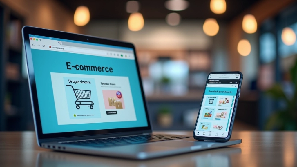 E-commerce platform interface showing online shopping, digital products, and transaction processing on mobile device and computer