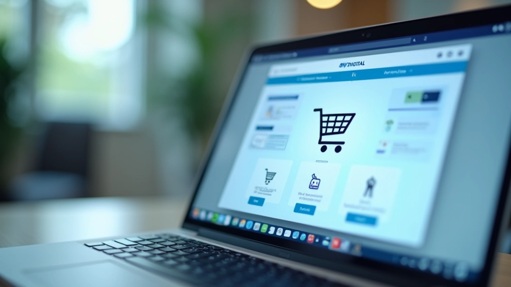 E-commerce shopping interface displayed on laptop screen with shopping cart and digital payment options visible