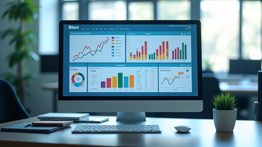 Financial data dashboard showing adoption trends, growth charts, and demographic statistics on computer monitor in modern office