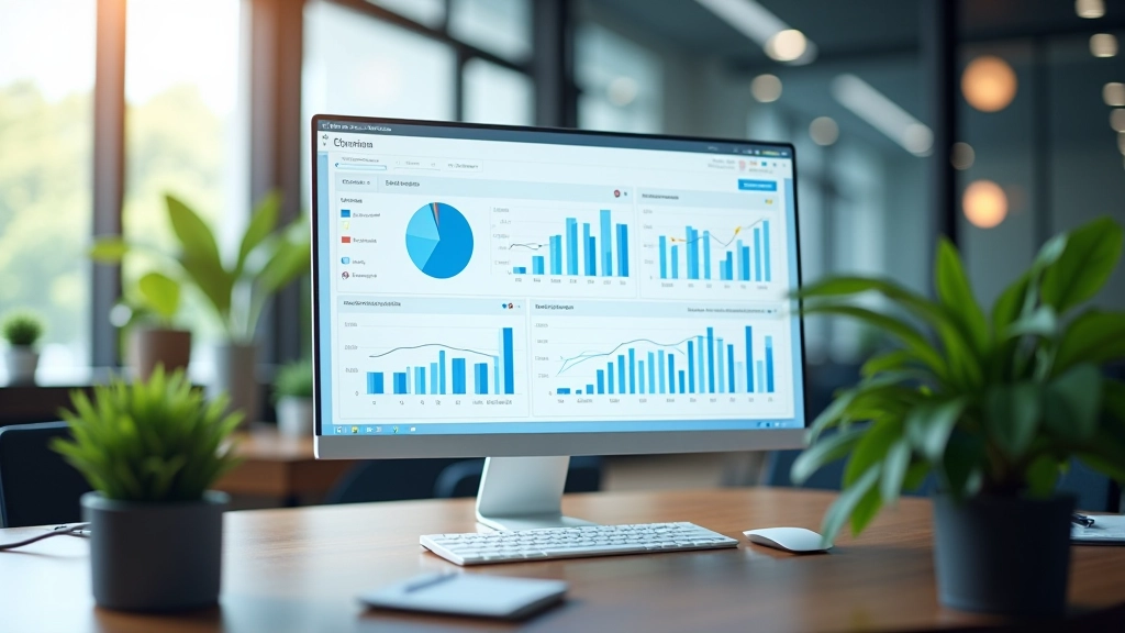 Modern office workspace with multiple screens displaying digital data analytics and financial charts