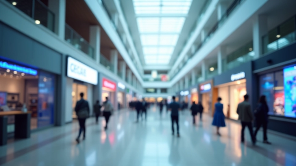 Modern shopping mall interior with digital displays and retail storefronts showcasing digital transformation in retail