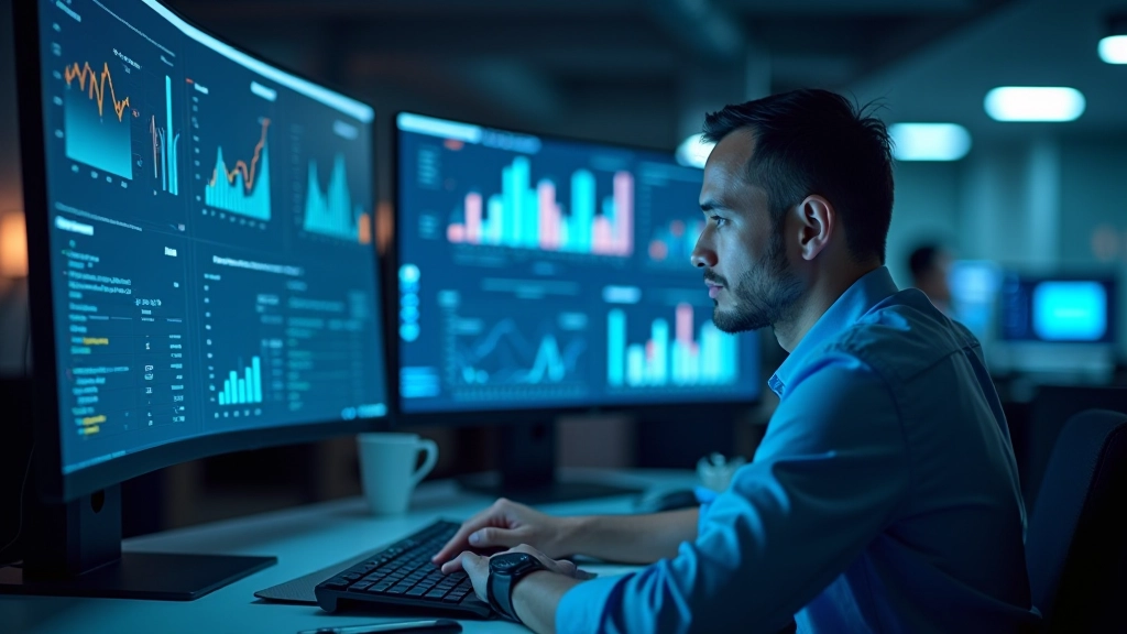 Modern office technology workspace with futuristic digital interface displays and business analytics visualization