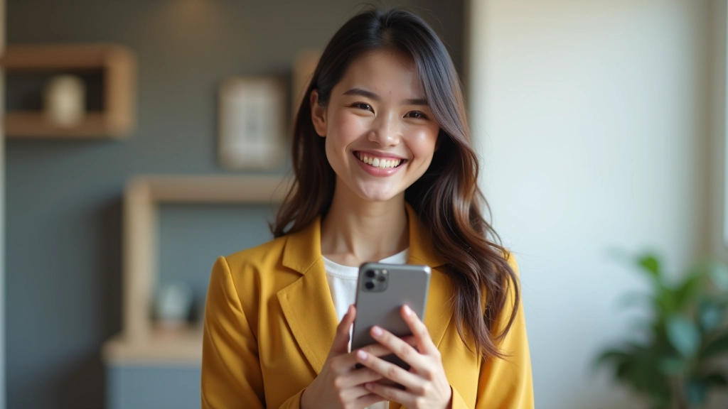Young female consumer shopping online using smartphone with shopping bags and delivery box visible